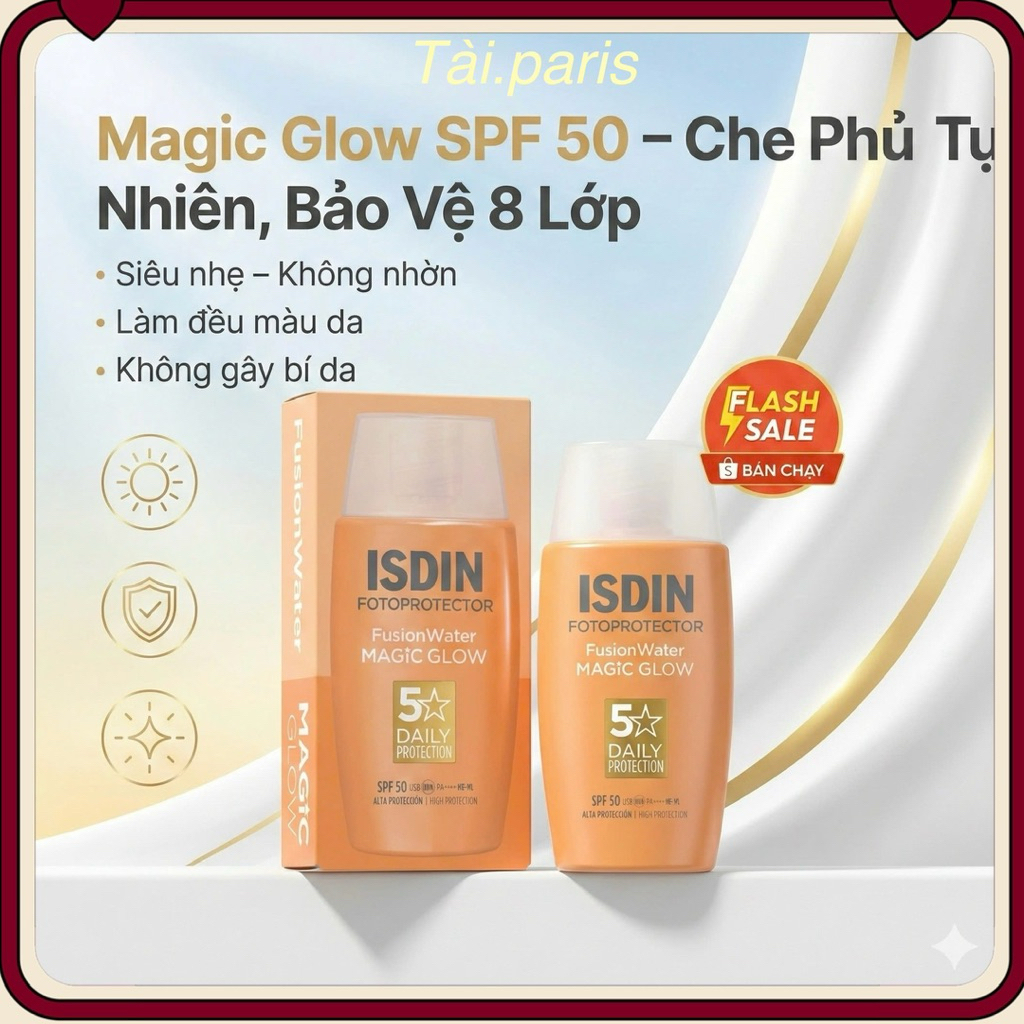 Kem Chống Nắng Cho Da Không Đều Màu. Isdin Fusion Water Magic Glow SPF 30 50ml