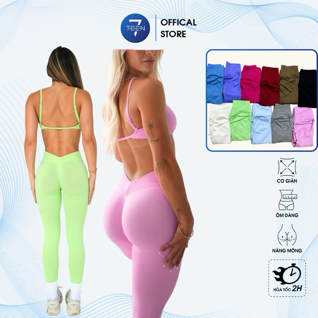 [Vback Leggings cao cấp] Quần dệt lưng V nâng vòng 3 co giãn 4 chiều, dày dặn trendy 7teen Gym cao c
