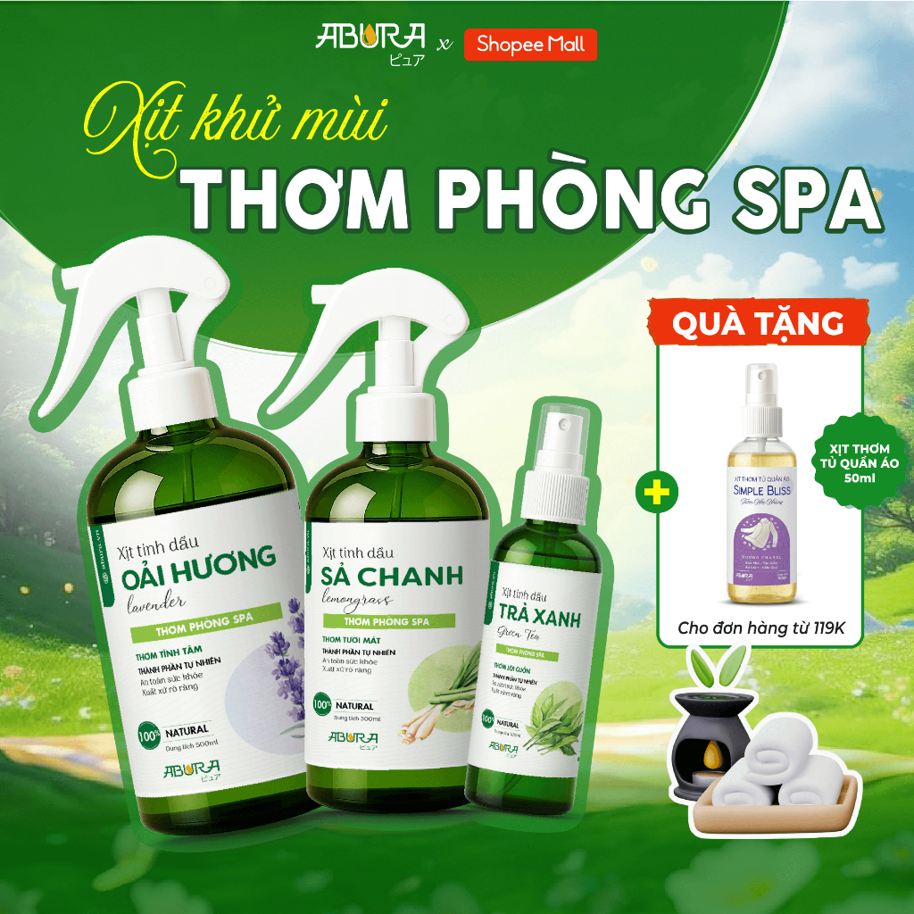 Chai Xịt Tinh Dầu Xông Thơm Phòng Spa Sả Chanh ABURA 100ml/300ml/500ml Thơm Phòng Thư Giãn Hiệu Quả