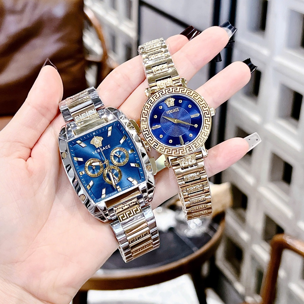 Combo đồng hồ đôi nam nữ máy pin dây kim loại chống nước cao cấp ver$ace nam 49mm nữ size 35mm