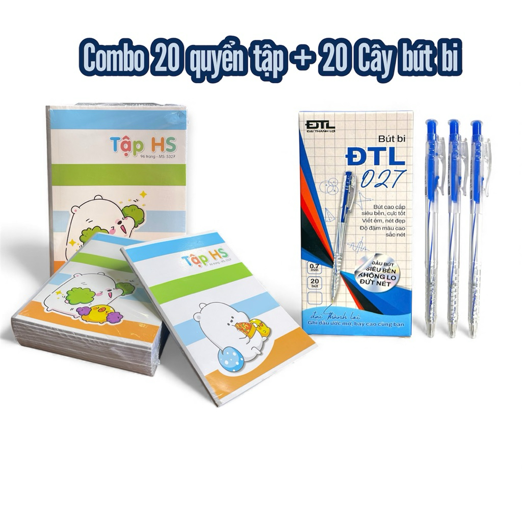 (Từ thiện) Combo 20 Cuốn Tập vở  60gsm + 20 Cây Bút Bi ĐTL Ngòi 0.7mm – Combo Từ Thiện Giá Rẻ, Viết 