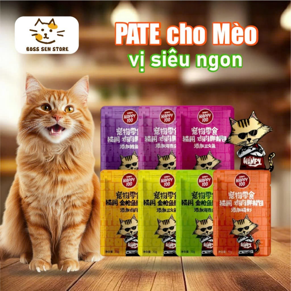 Pate Wanpy Happy 100 Gói 70g , bate cho mèo wanpy gói 70g bổ sung dinh dưỡng nhiều vị