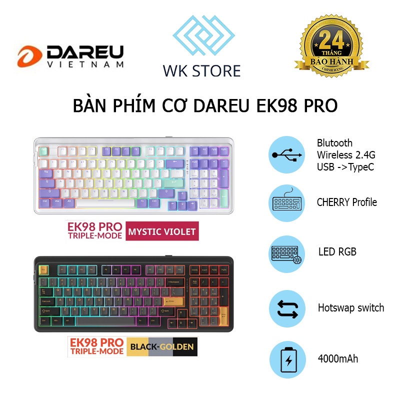 Bàn Phím Cơ Dareu EK98 Pro | Bluetooth, 2.4G, Cắm Dây | Cherry PBT | Led RGB | Mới BH 24T