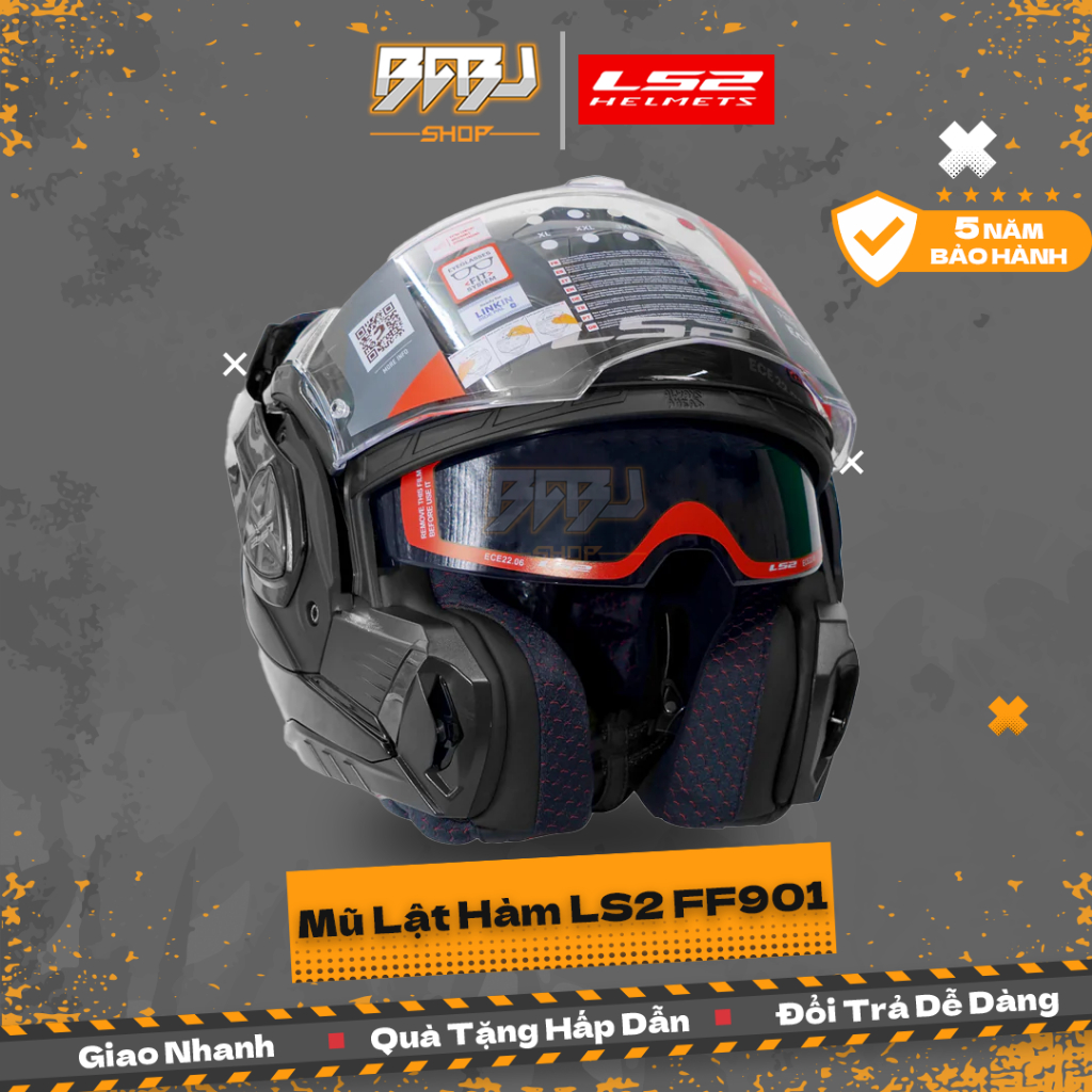 Mũ bảo hiểm lật hàm LS2 FF901 sợi thủy tinh đen bóng | 2 kính, chính hãng