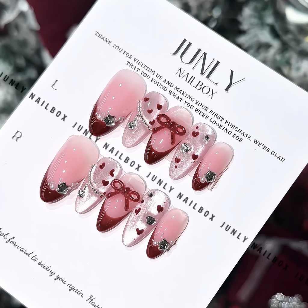 Nailbox thiết kế JUNLY móng tay giả mắt mèo tông đỏ tết noel mã 764