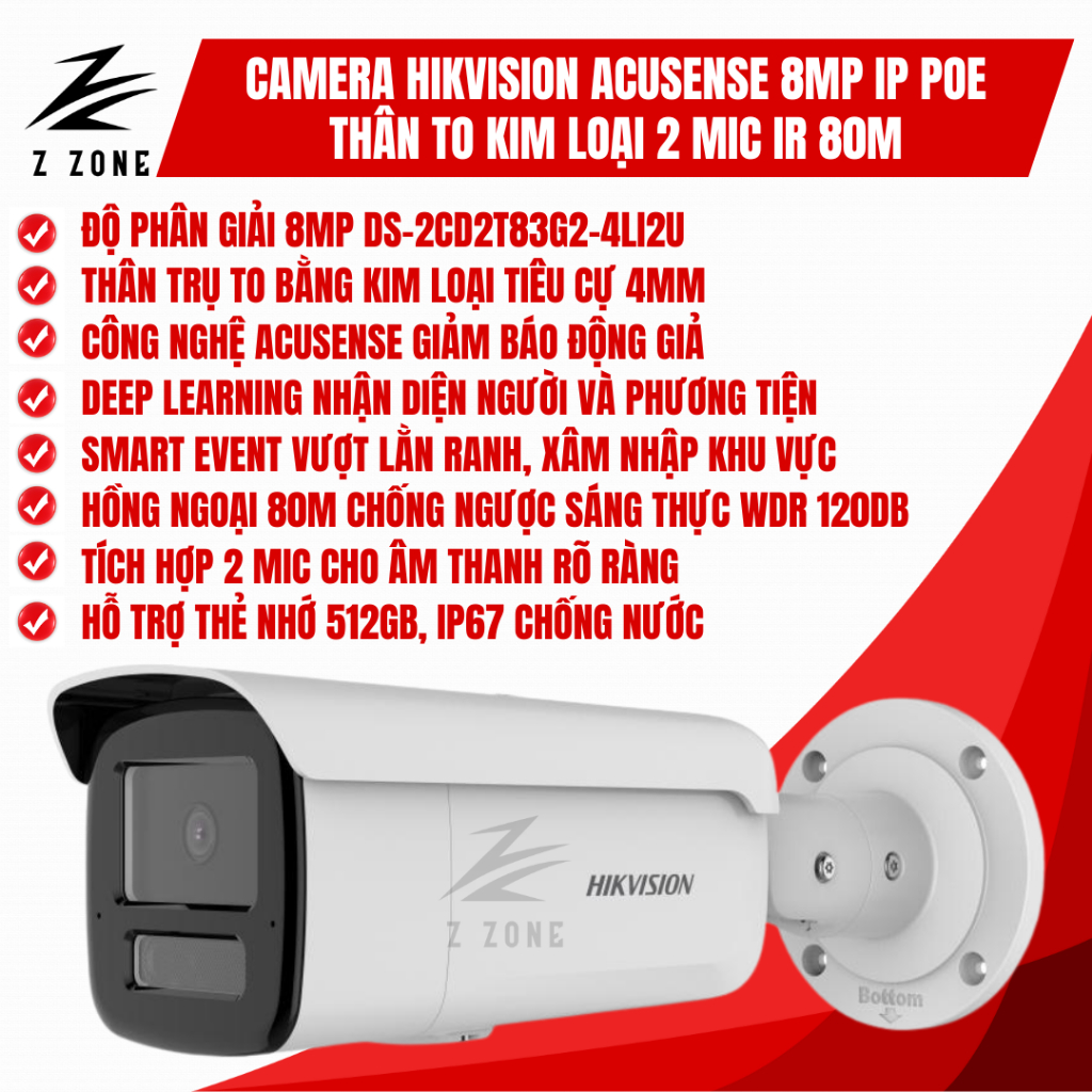 Camera Hikvision AcuSense 8MP IP POE Thân To Kim Loại DS-2CD2T83G2-4LI2U (4MM)