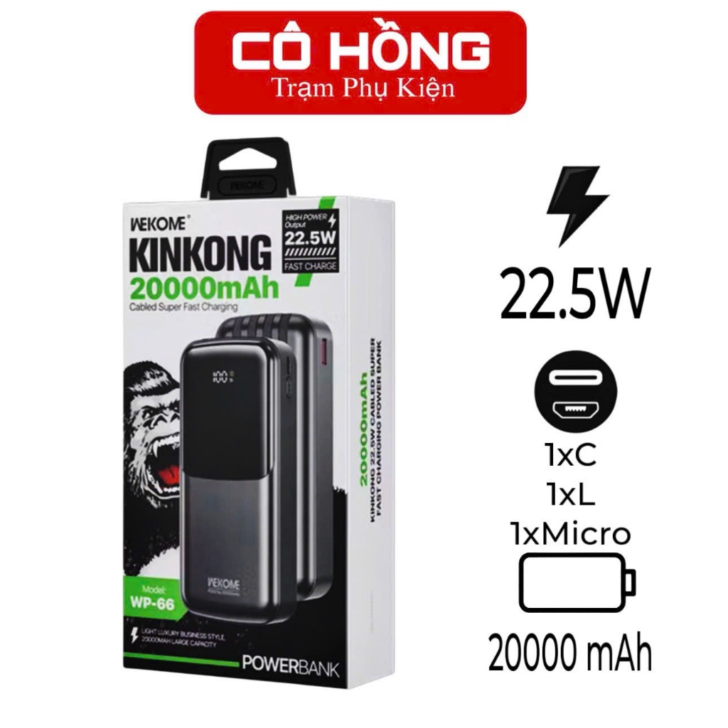 Sạc Dự Phòng Wekome WP-66 20000mAh Sạc Nhanh 22.5W 3 Cổng – Pin Dự Phòng Chính Hãng
