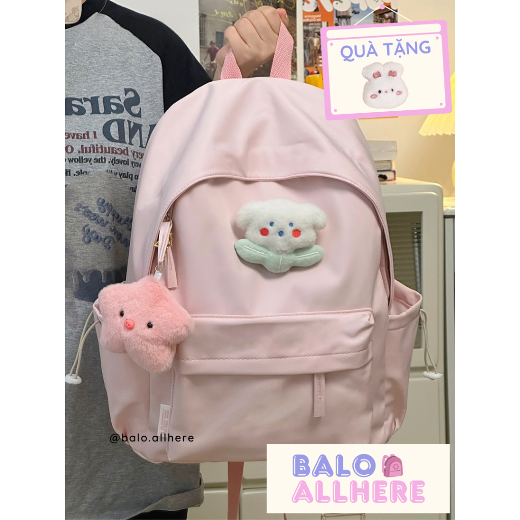[SẴN] Balo Đi Học Trơn Basic Kèm Ghim Hoa Bông BL19