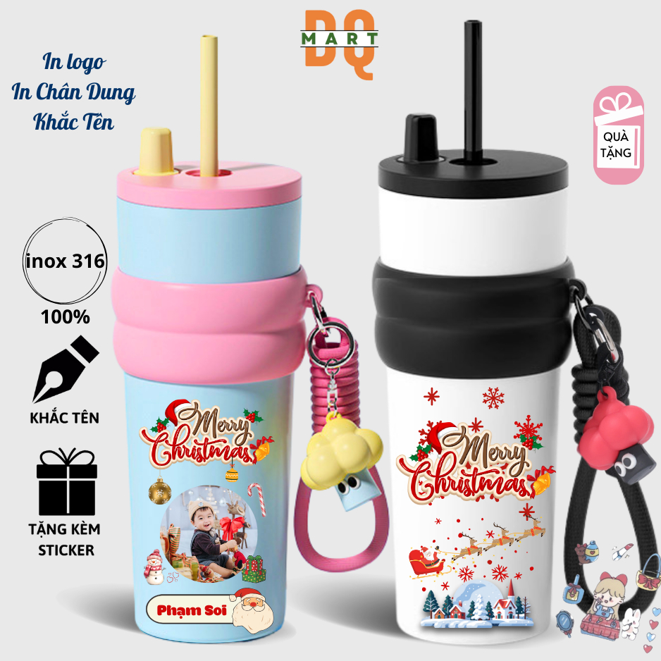 Ly giữ nhiệt Cherry 710ml có ống hút, bình nước giữ nhiệt DQMart khắc tên yc inox 316 mẫu mới 2025