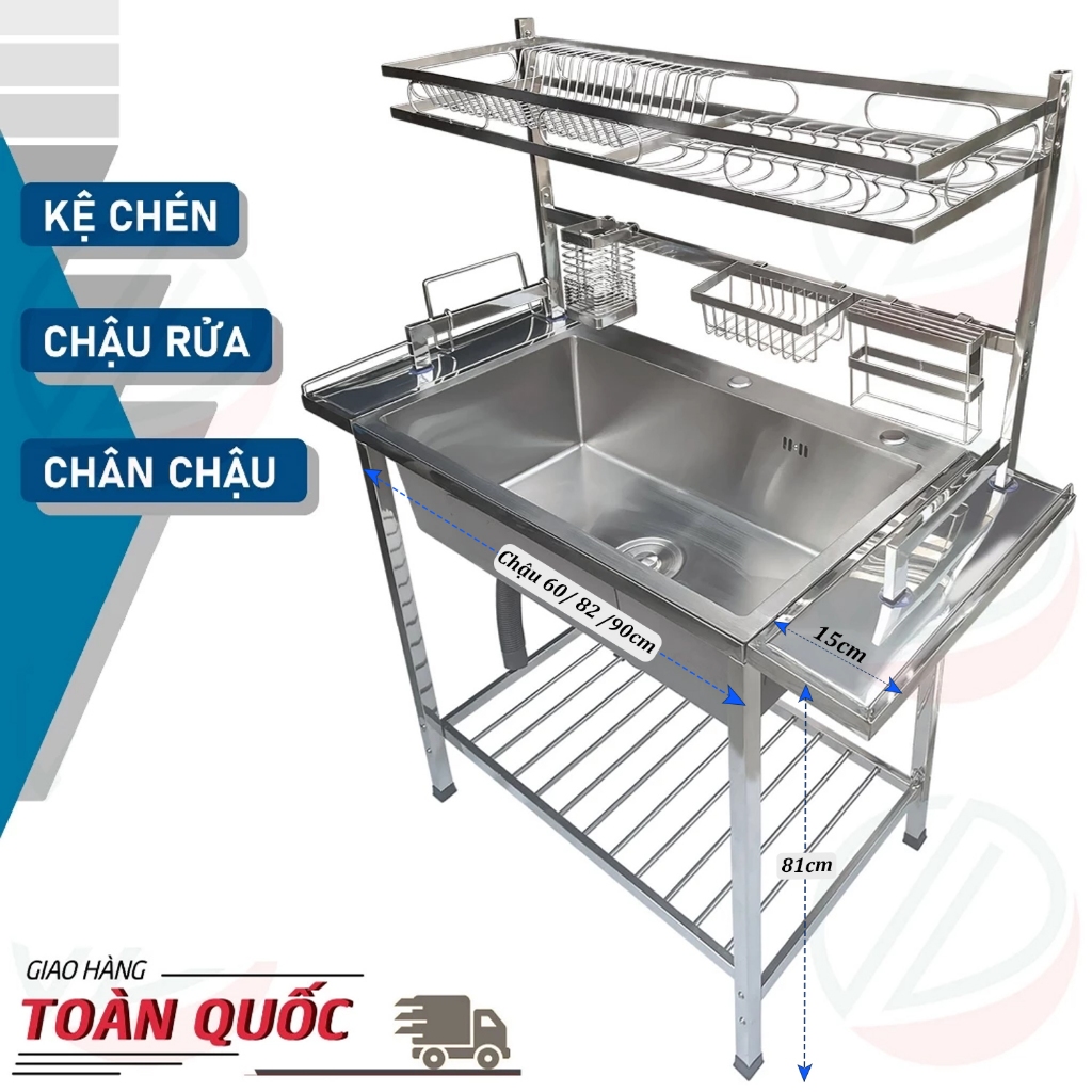 COMBO Chậu Rửa Bát Có Chân Kèm Kệ Úp Chén Đa Năng Dài 90cm Đến 120cm - Chậu 1 hộc rửa, kệ chén 1 tầng, vòi