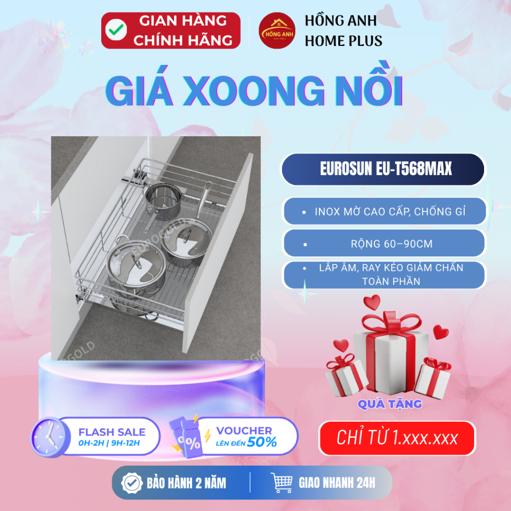 Giá xoong nồi inox mờ cao cấp EP60B, cho tủ bếp dưới rộng 60–90cm, không gỉ sét, hiện đại
