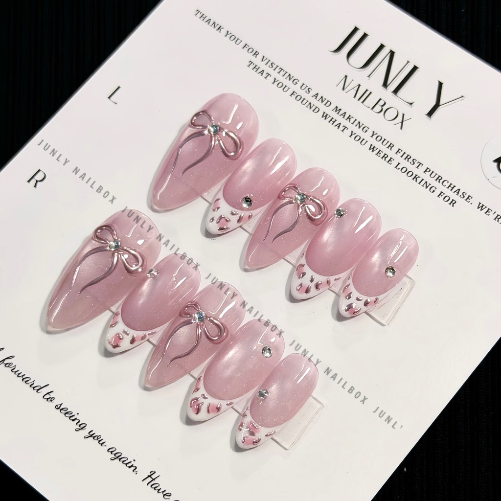 Nailbox Thiết kế JUNLY móng tay giả mắt mèo hồng nơ xinh mã 765