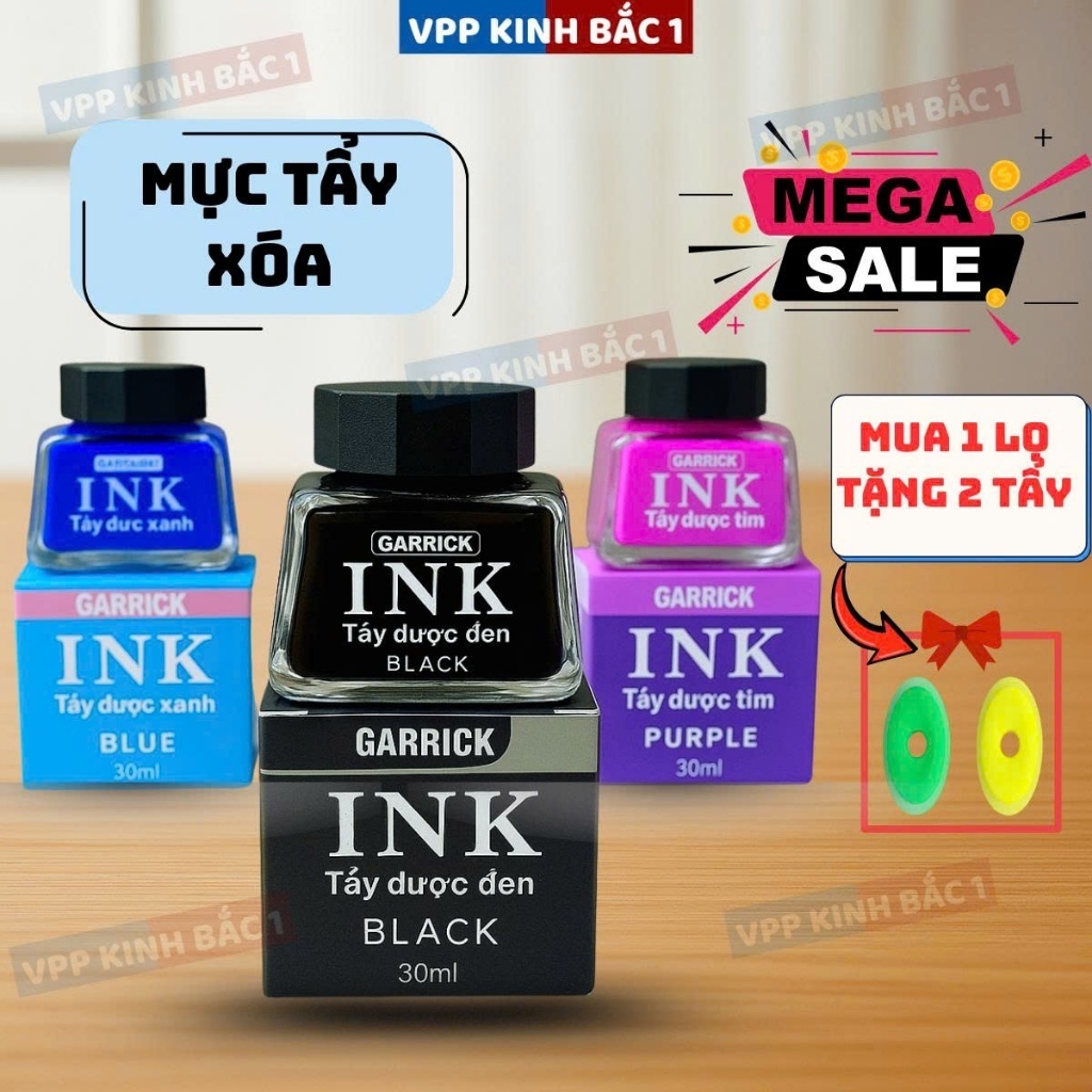 (Hot) Mực Ink Xóa Được Lọ 30ml (Tặng 2 tẩy) , Mực Ink Tẩy Được có 3 màu tím/xanh/đen.