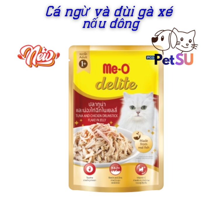 Thức ăn cho mèo Me-O Delite, pate vị cá ngừ và đùi gà xé nấu đông gói 70g x5 - PETSU