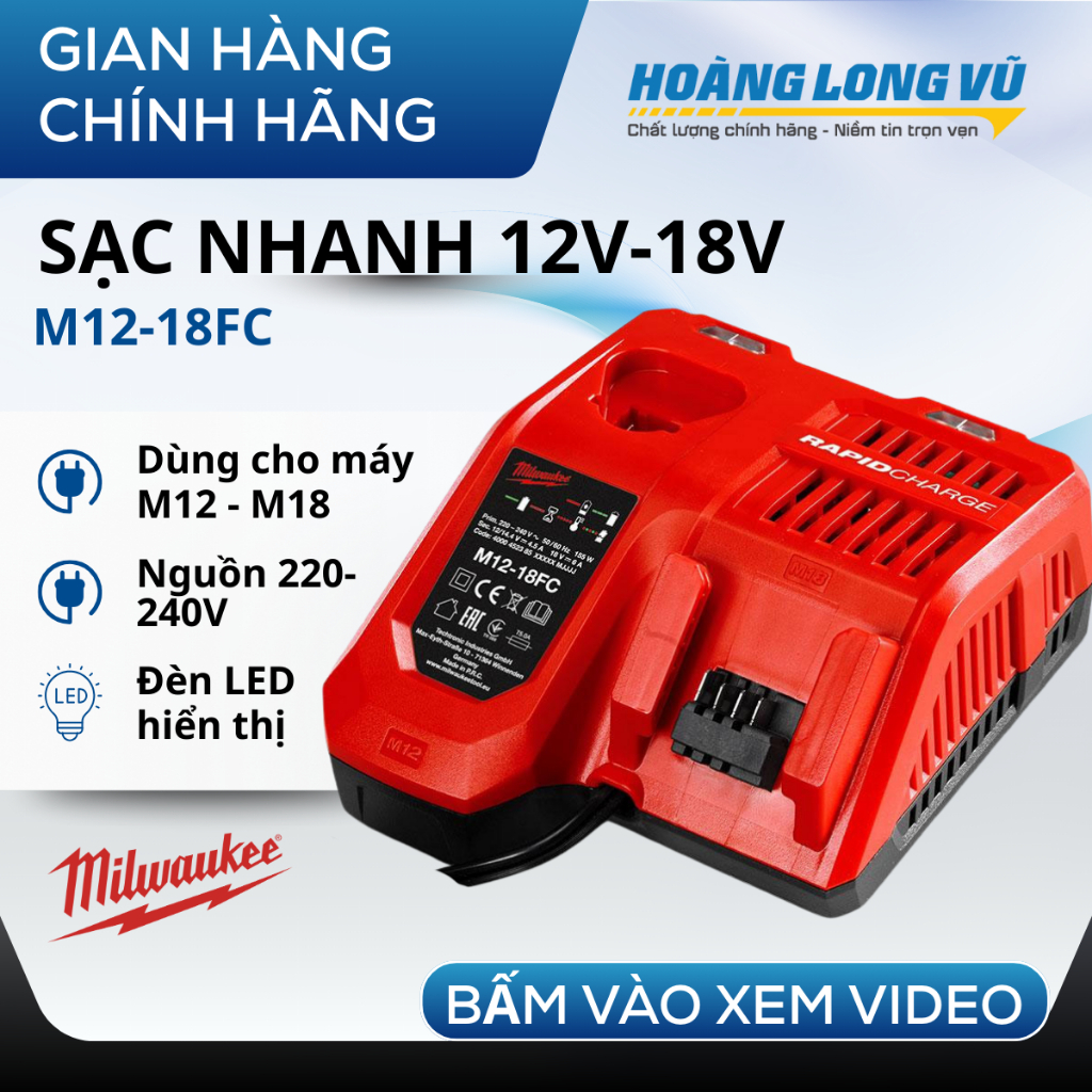 Sạc pin nhanh 12V,18V Milwaukee M12-18FC chính hãng, sạc nhanh an toàn, bền bỉ hiệu quả cao