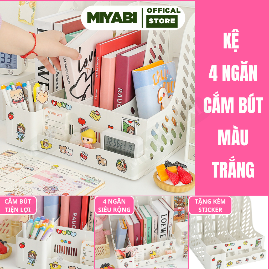 Kệ đựng tài liệu để bàn 4 ngăn cắm bút màu trắng văn phòng phẩm kệ đựng tài liệu văn phòng