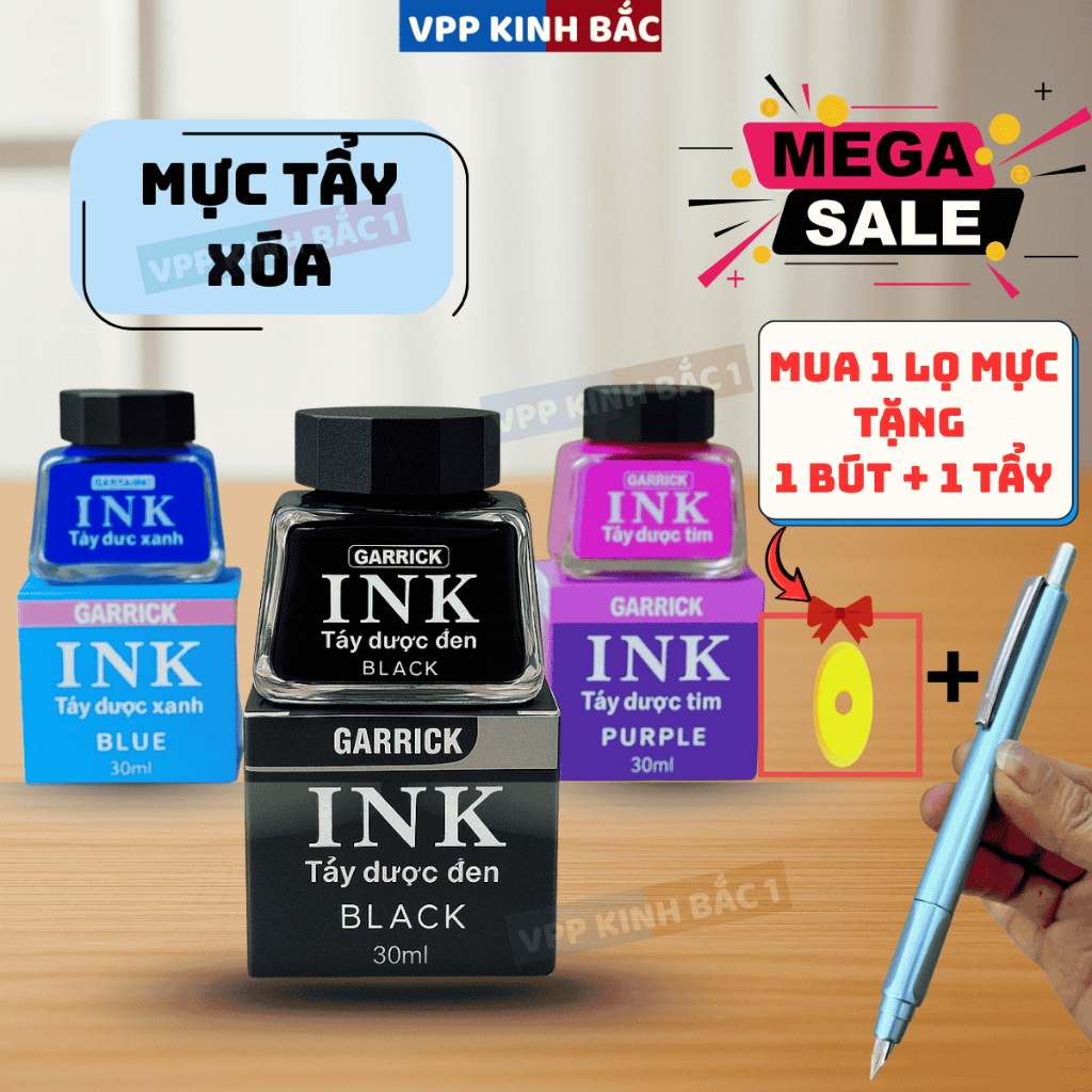(Hot) Mực Ink Xóa Được Lọ 30ml (Tặng 2 tẩy) , Mực Ink Tẩy Được có 3 màu tím/xanh/đen.