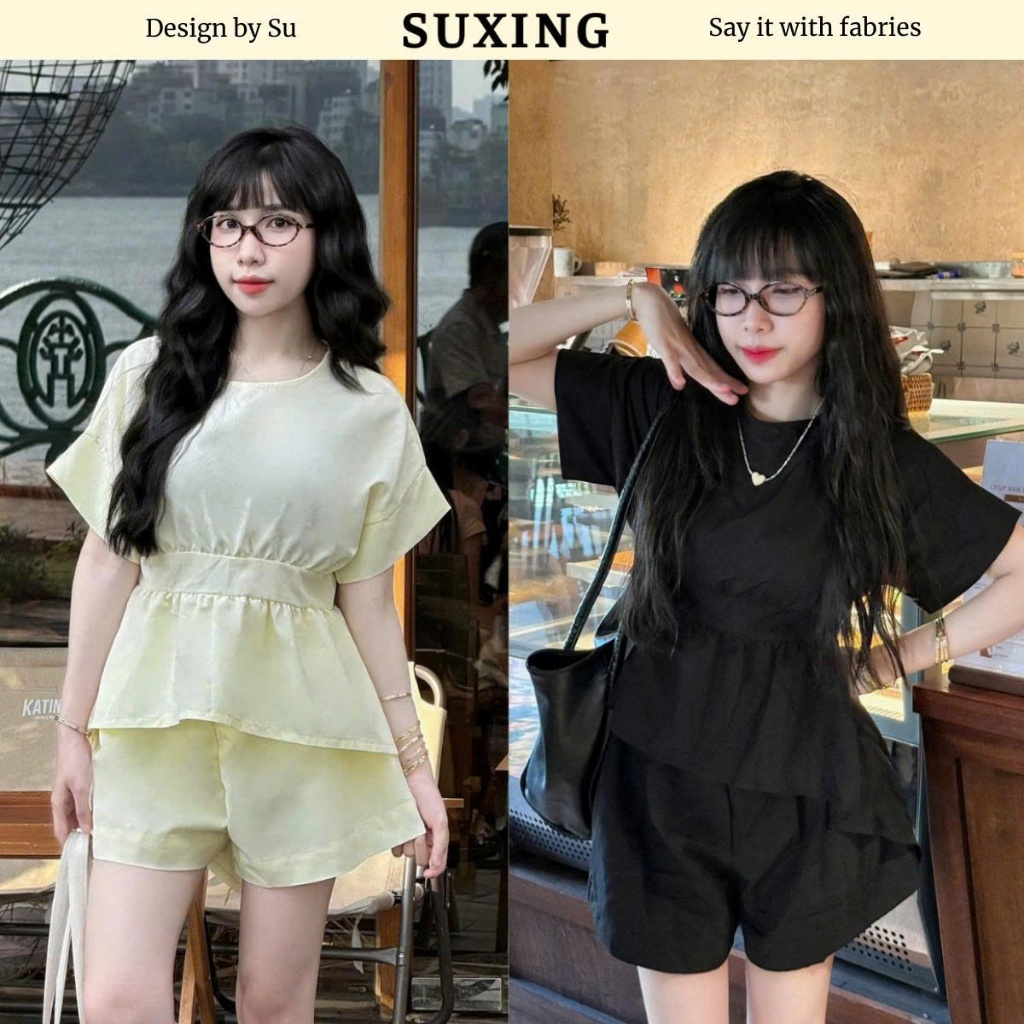 Set bộ nữ 2 món babydoll xẻ tà thắt nơ lưng phối quần short năng động - Suxing - S220