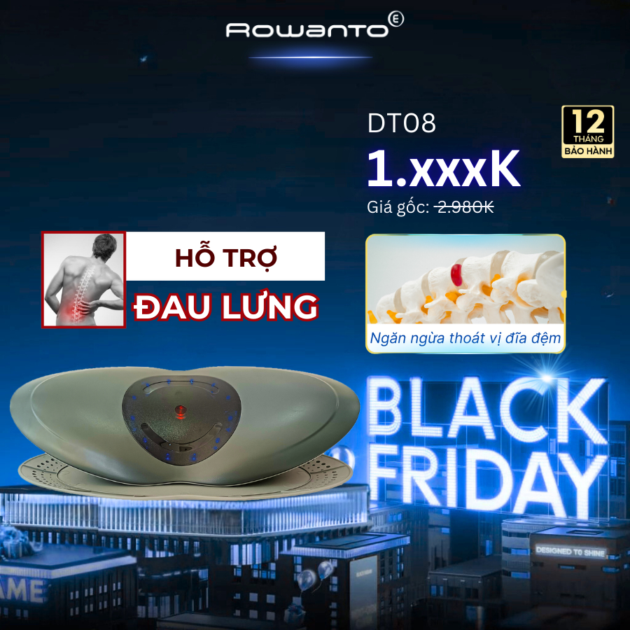 Máy massage lưng Rowanto DT08, hỗ trợ thoái hoá cột sống, thoát vị đĩa đệm, đây thần kinh toạ