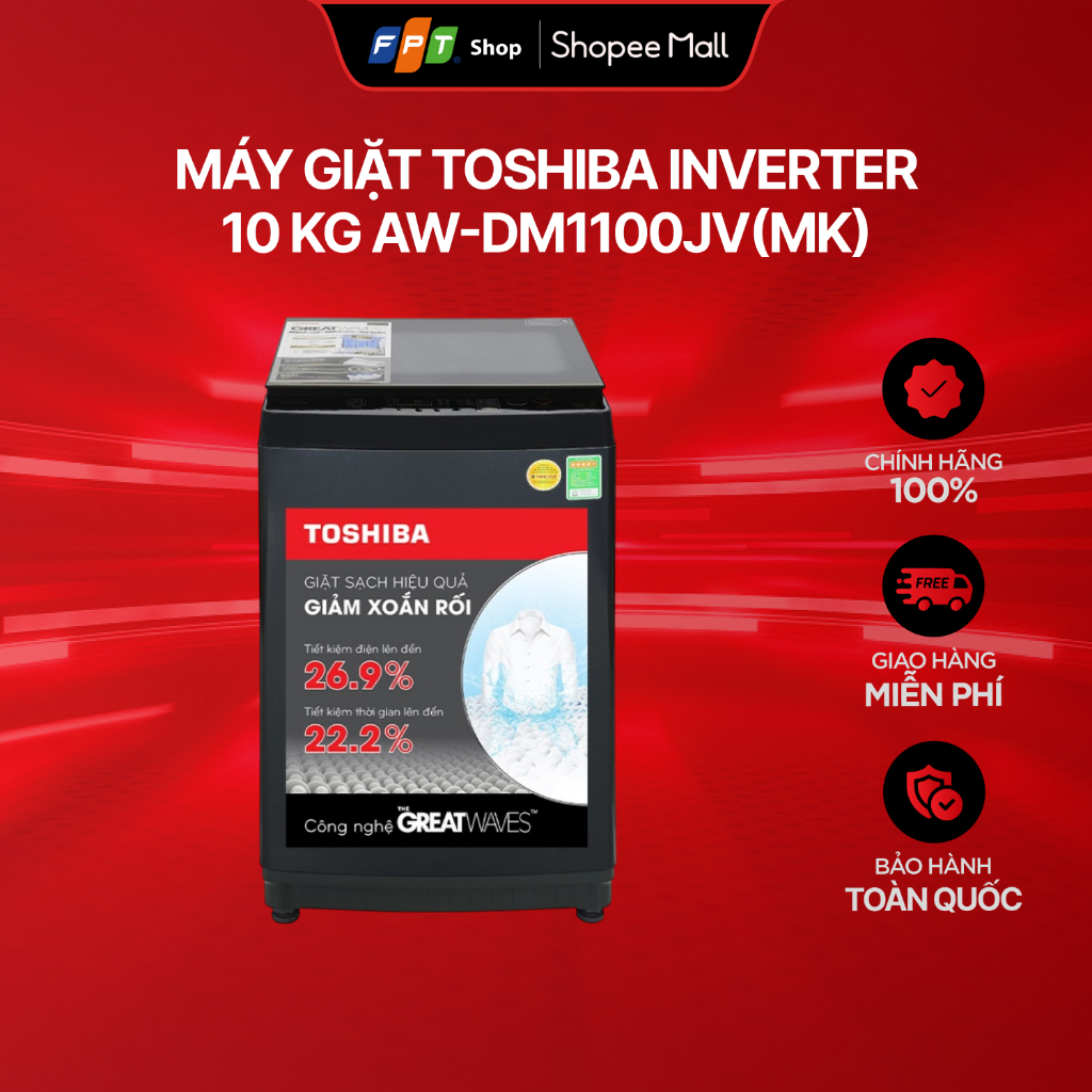 [Chỉ GH tận nơi]  Máy giặt cửa trên Toshiba Inverter 10 kg AW-DM1100JV(MK)