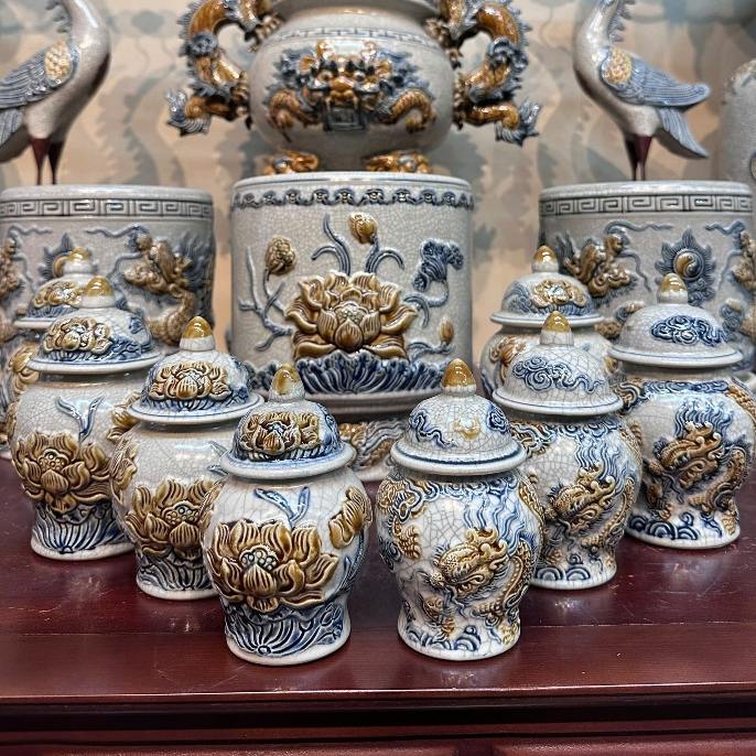 Chóe thờ cúng, chung thờ cúng, chum thờ cúng đựng muối gạo nước men rạn hàng đẹp Bát Tràng