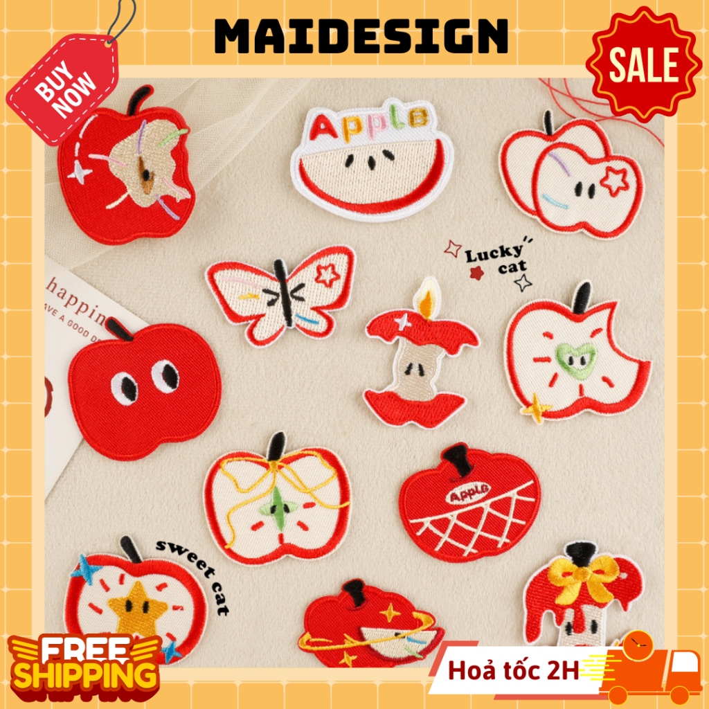 Patch ủi quần áo hình thêu vải dán balo túi Hình Quả Táo Đỏ Red Apple Trái Cây Maidesign