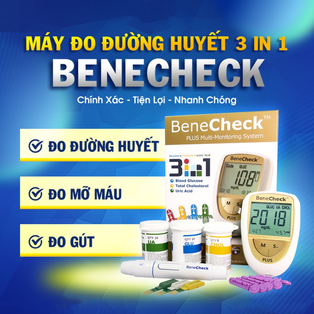 (Trọn Bộ) Máy Đo Đường Huyết, Tiểu Đường, Mỡ Máu, Gút BeneCheck 3in1 - Hàng Chính Hãng Siêu Thị Y Tế