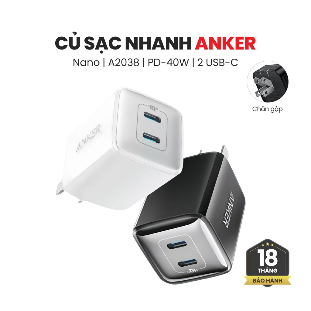 Củ sạc nhanh Anker 521 Nano Pro 40W 2 Cổng Type-C - Tương thích iPhone 17/16/15 Series - CloverB