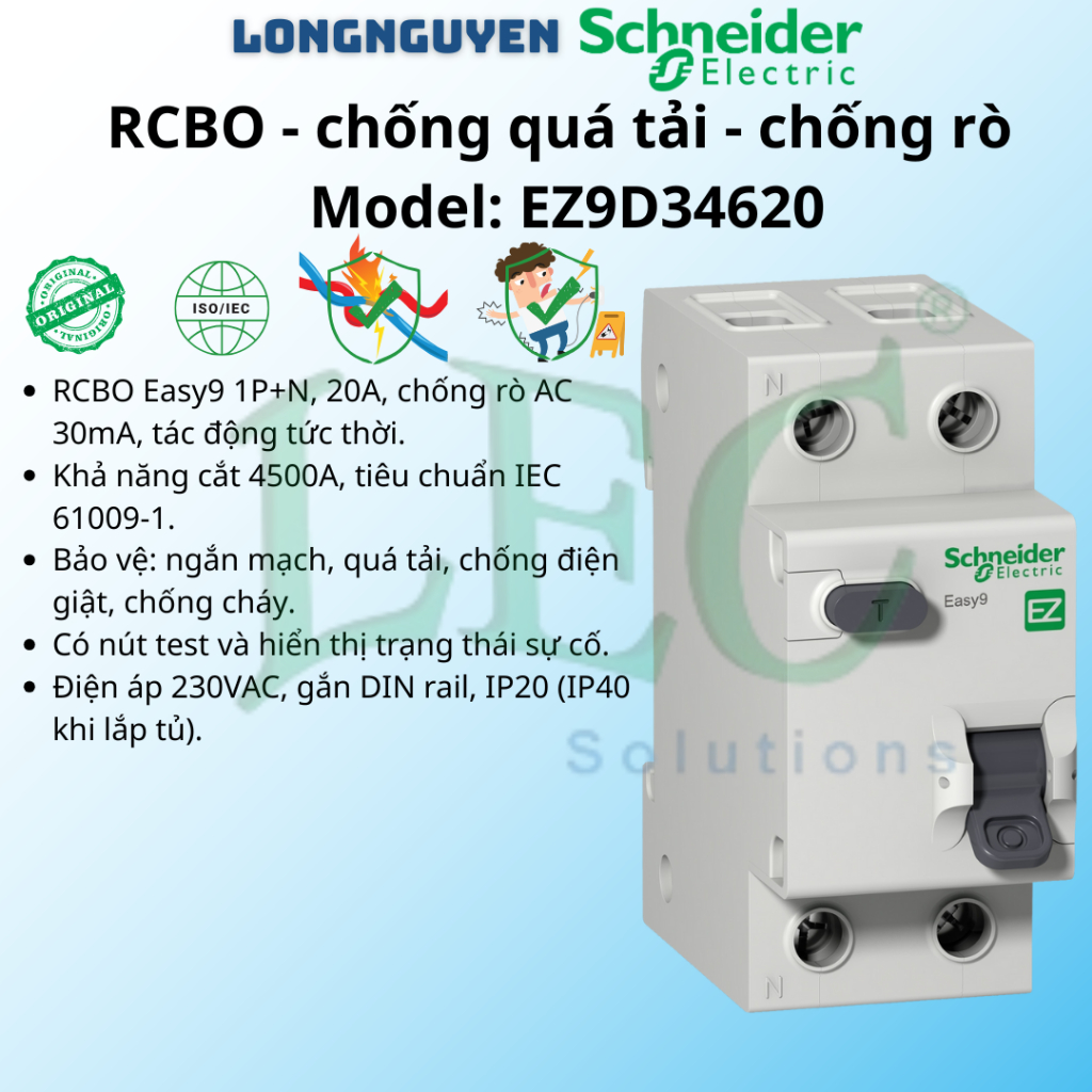 RCBO chống quá tải, chống rò Schneider EZ9D34620 1P+N 20A 30mA 4,5kA
