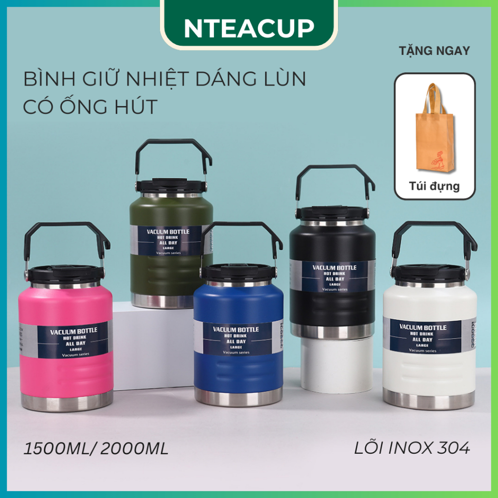 [TẶNG TÚI] Bình giữ nhiệt dáng lùn ống hút NT05 size to 1500/2000ml lõi Inox 304 giữ nhiệt 12-15 tiế