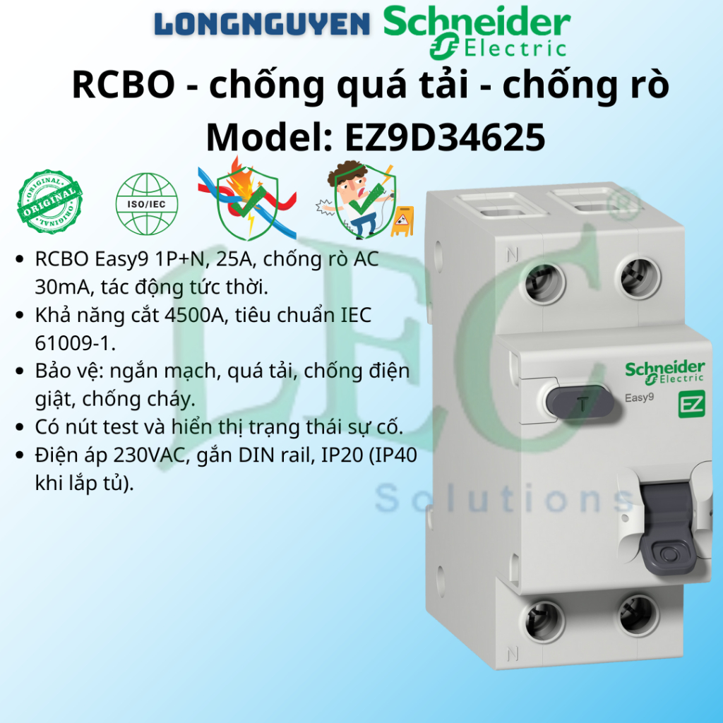 RCBO chống quá tải, chống rò Schneider EZ9D34625 1P-N 25A 30mA 4,5kA chính hãng