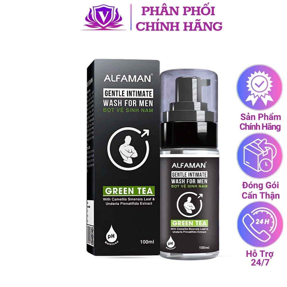 Bọt vệ sinh ALFAMAN Hương Trà Xanh Ddvs Khử Mùi Thơm Vùng Kín Nam Dưỡng Ẩm Làm Dịu Da Sạch Sâu