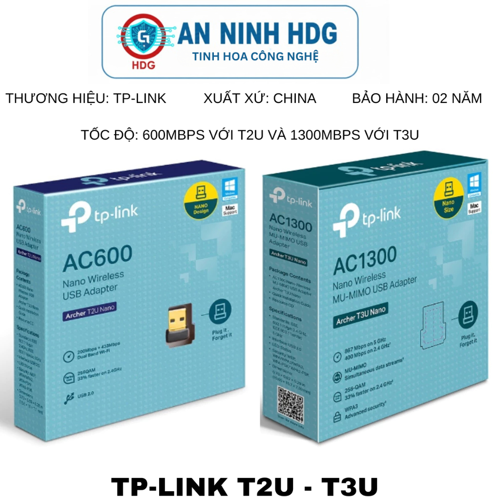Bộ thu Wi-Fi tốc độ AC600 AC1300 Chuẩn USB TPLink Archer T2U T3U Nano - Chính hãng