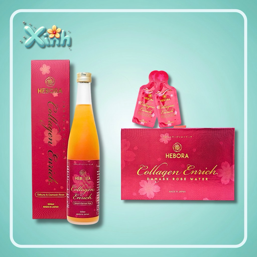 Nước uống Hebora Collagen Enrich đẹp da, thơm cơ thể chai 500ml và hộp 28 gói x 15ml - Xinh