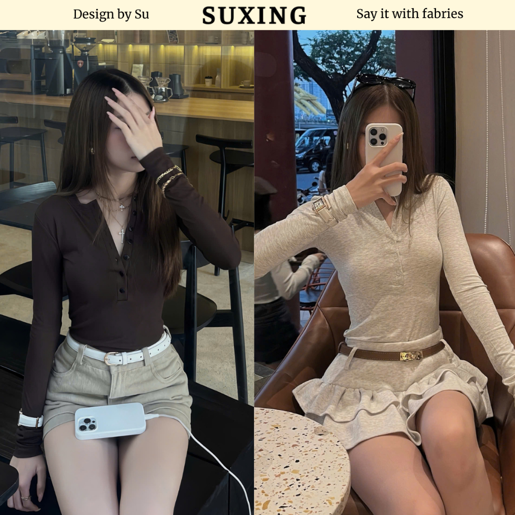 {BST Thu 2025) Áo thun ôm body phối cổ cúc tay dài - Suxing - S106