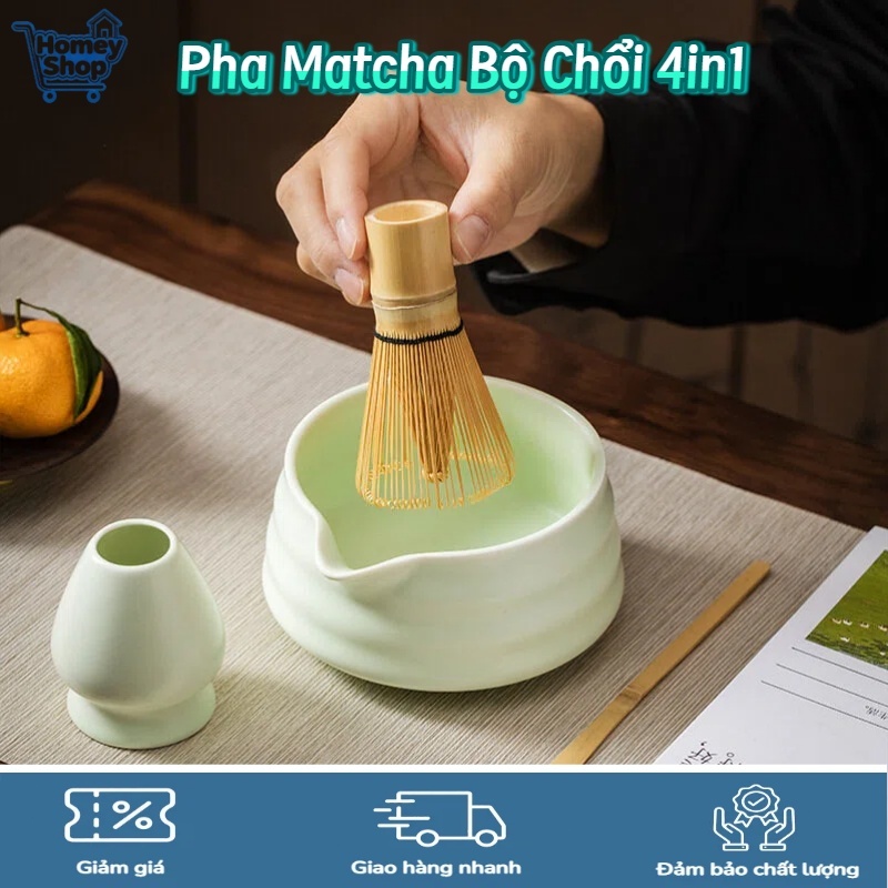 Bộ dụng cụ pha trà matcha 4 món bằng tre, bao gồm chổi chasen, bát matcha, thìa và giá đỡ, thiết kế 