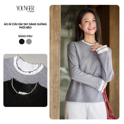 Áo nỉ nữ YOUNGER BY CARDINA chất liệu nỉ lông cừu dài tay dáng suông phối bèo 5YALD06