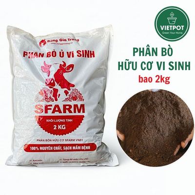 Phân bò hữu cơ vi sinh Vietpot, Sfarm, gói 2kg, giàu dinh dưỡng, kích rễ, tăng năng suất cây trồng.