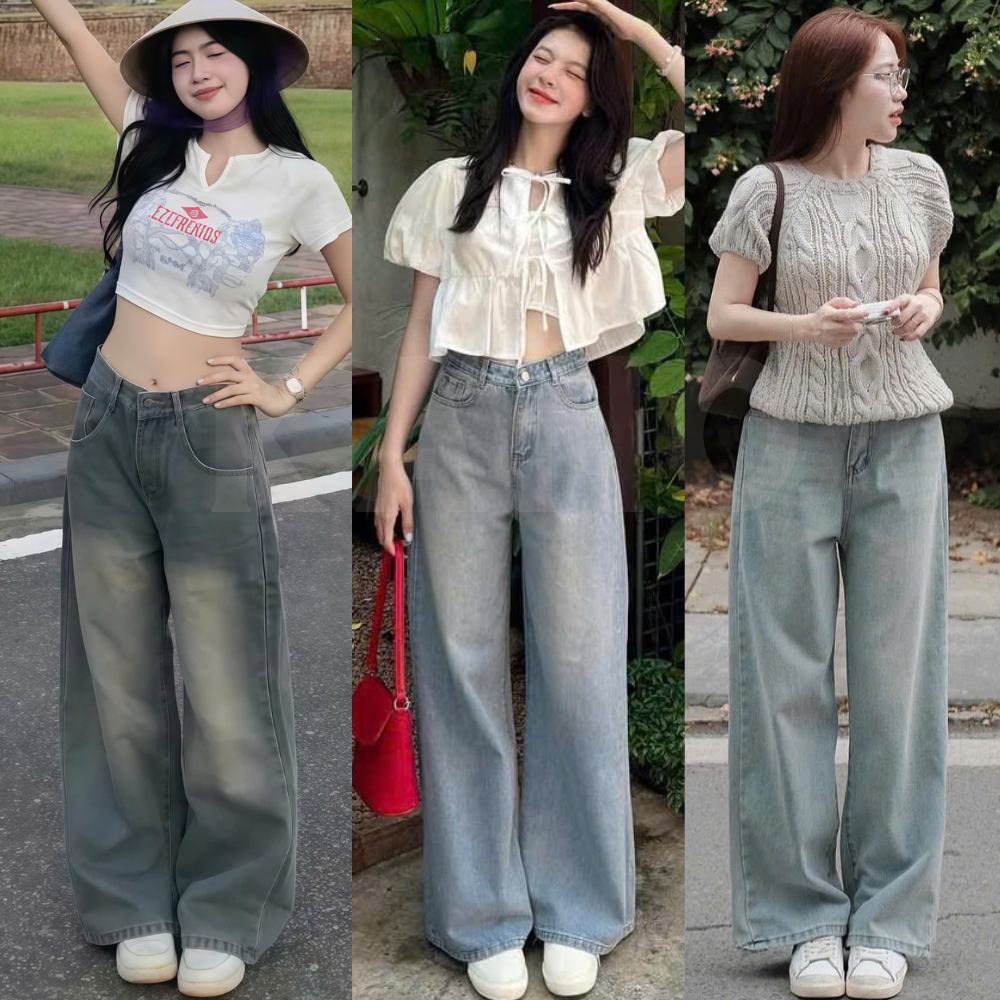 Quần Jeans nữ Ống Suông Rộng Đứng Kano Cạp Cao Màu RETRO, Quần Bò Ống Rộng Chất Jean Mềm Form Unisex