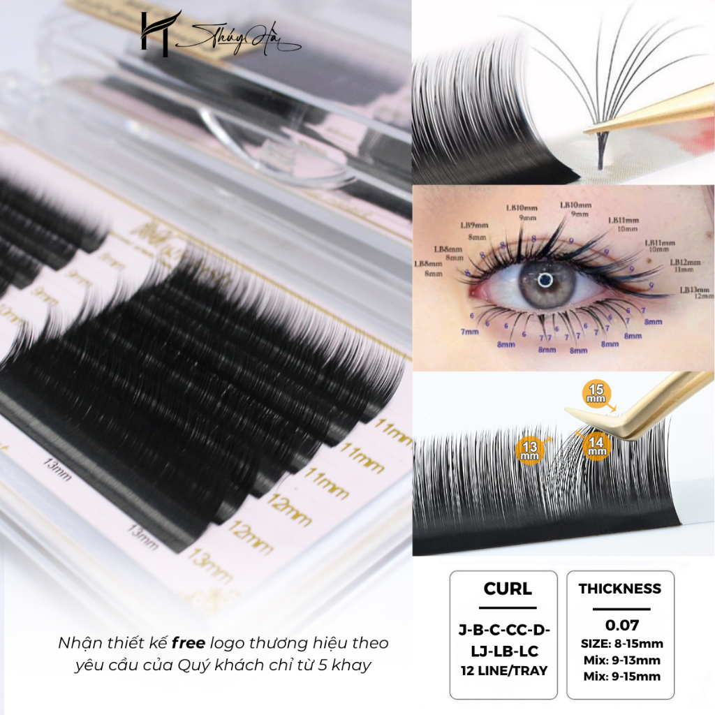 Mi khay Trung Hoa Cong Gãy LB-LC-LJ, ngọn sole 3 độ dài trên 1 sợi mi Lông Mi Nhân Tạo Thúy Hà