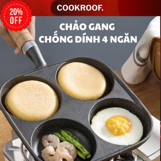  Chảo gang 4 Ngăn Chống Dính Rán Trứng Chảo Làm Bánh 4 Ngăn Tay Cầm Gỗ Dễ Vệ Sinh 