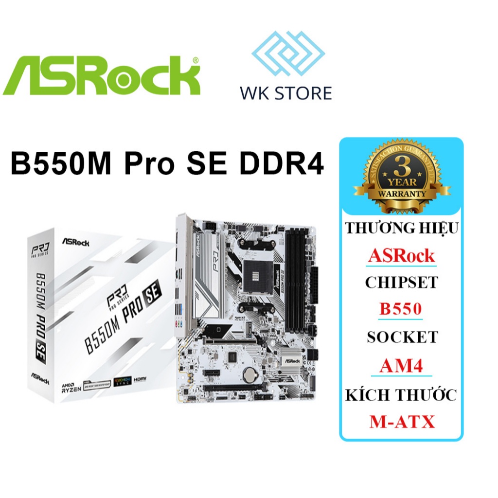 Mainboard Asrock B550M Pro SE | AM4, 4x DDR4, Mới BH 36T