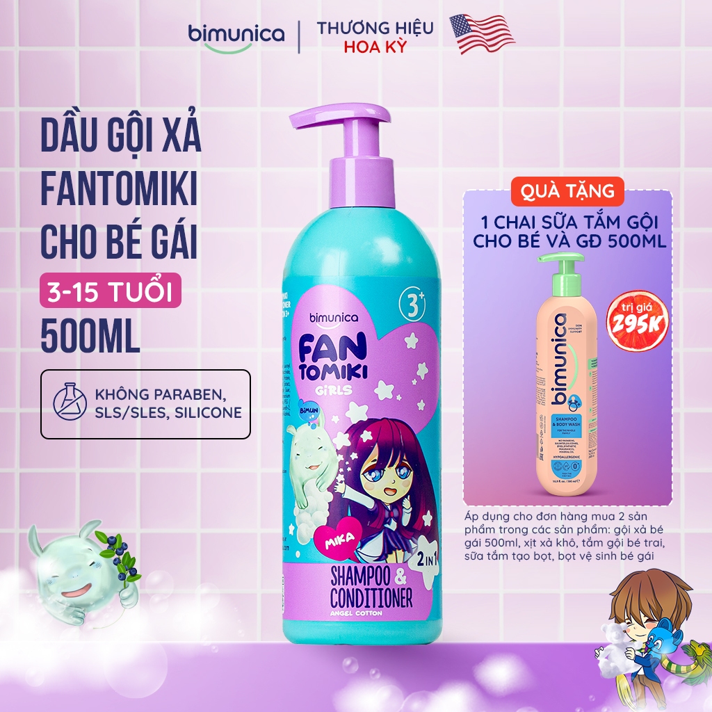 Dầu Gội Xả 2In1 Bimunica Fantomiki Cho Bé Gái Từ 3 Tuổi 500ml - Không Cay Mắt, Làm Sạch/Mềm Mượt