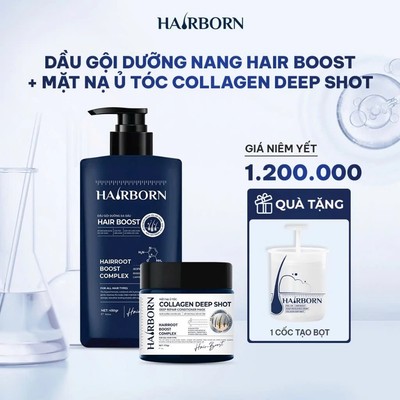 Combo Chăm Sóc Tóc Toàn Diện: Dầu Gội Hair-Boost + Ủ Tóc Collagen Deep Shot thương hiệu Hairborn (Tặng kèm cốc tạo bọt)
