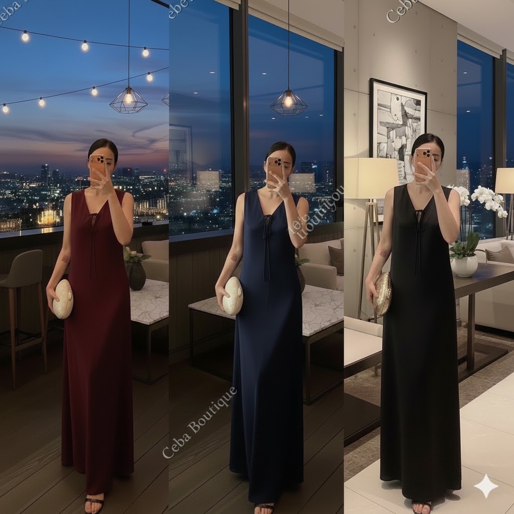 Đầm Lụa Tô Châu Cổ V Cột Nơ, Váy Lụa Dài Sang Trọng Tôn Dáng Dễ Mặc D163 CEBA BOUTIQUE