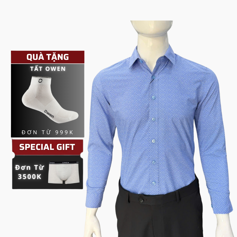 Áo sơ mi dài tay Owen AS230681D ,kiểu dáng Slimfit vừa vặn không túi, họa tiết trẻ trung lịch sự