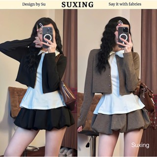   BST Tết 2026 - MÀU ĐEN CÓ SẴN  Set 3 Áo Cadigan Mix Áo Sơ Mi Cổ Sen Phối Chân Váy Bí S308 - Suxing 