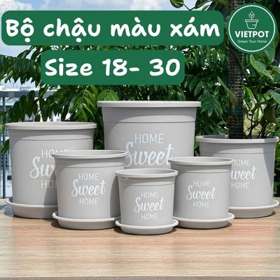 Chậu nhựa trồng cây VIETPOT, màu xám, hoa văn Sweet Home, trồng hoa kiểng lá, để nhà, sân vườn.