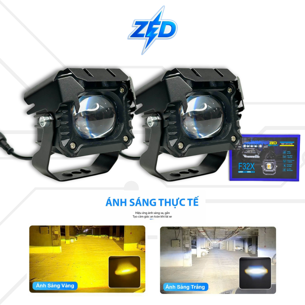 Đèn LED Trợ Sáng Bi Cầu F32X ZED LIGHT - 60W Cos Vàng Pha Trắng 12,24V ĐiệnBình Lắp ÔTô Xe Máy Xe Tả