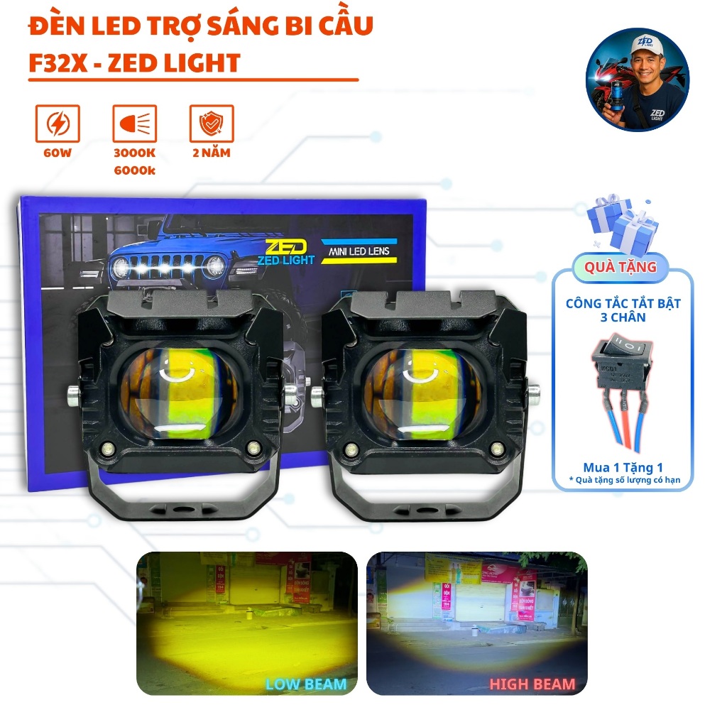 Đèn LED Trợ Sáng F32X ZEDLIGHT - 60W Ánh Sáng Mạnh Mẽ Cos Vàng Pha Trắng Chống Nước - BH 24 Tháng
